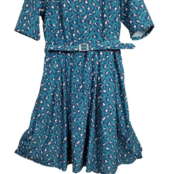 eShakti Size M 8 Dress Crepe Fit Flare Leopard Print Matching Belt Scoop Teal - Picture 8 of 13